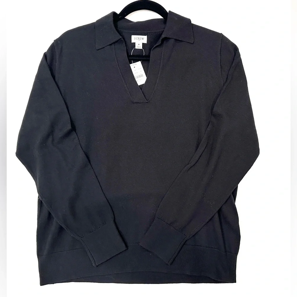 NWT J. Crew cotton black v-neck collared sweater tee size Medium - Picture 4 of 9